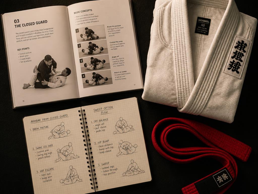 Apostila de Jiu Jitsu aberta ao lado de kimono e faixa