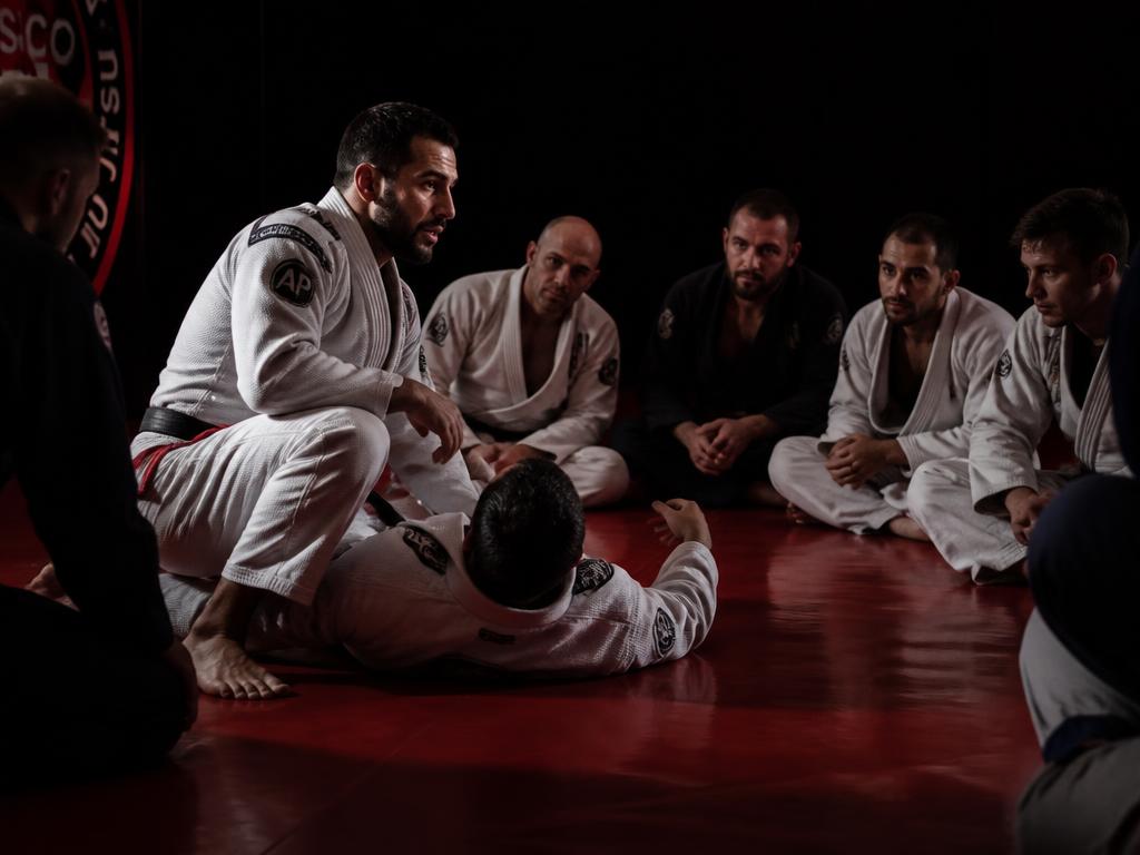 Professor de Jiu Jitsu explicando uma posição para a turma no tatame