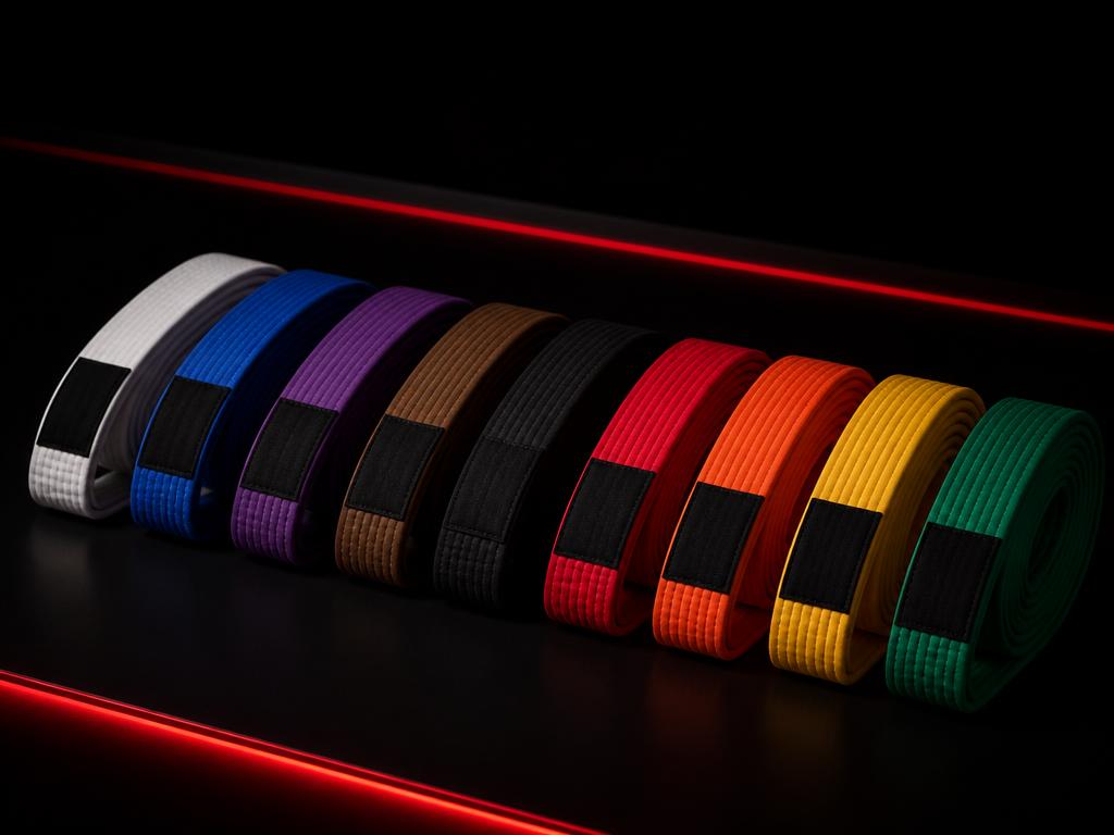 Faixas de Jiu Jitsu de várias cores enfileiradas